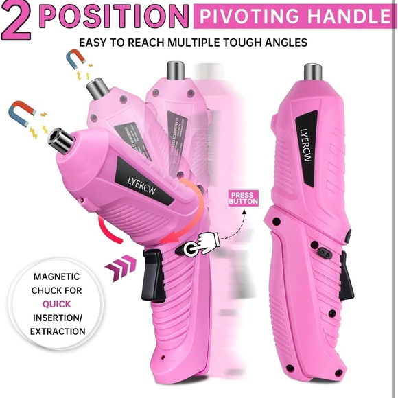 Pink Cordless Electric Screwdriver Set LED Light, 47PCS Drill/Driver Lightweight - Picture 8 of 12